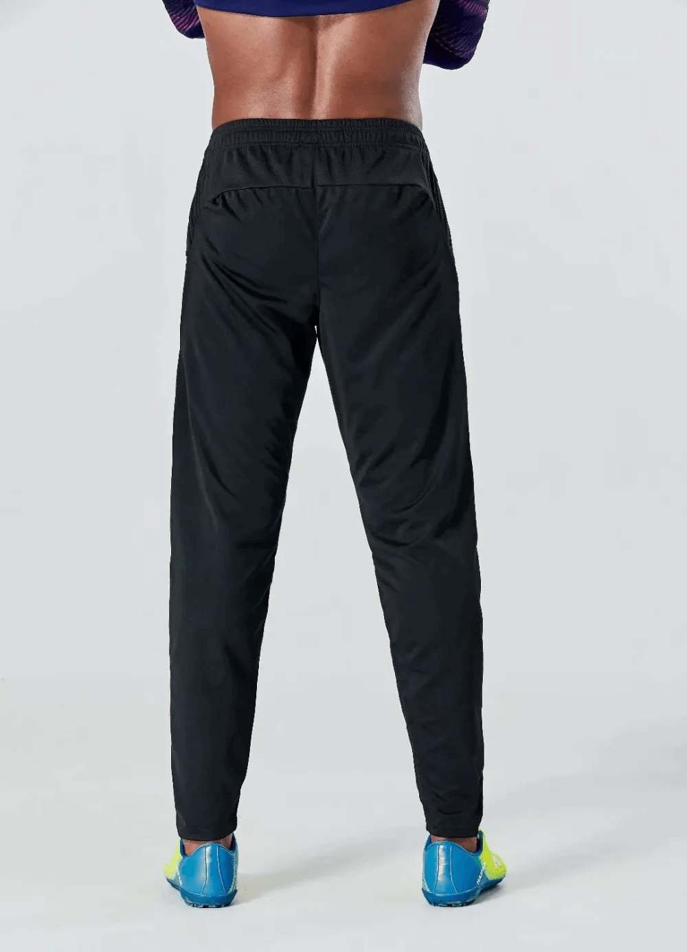 Elastic Waist Men's Training Pants with Protective Padding, full-length, black, shown from the back, ideal for exercise.